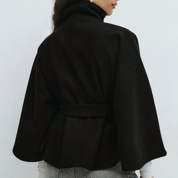Black Elegant Women's Cloak With Stand Collar, Button Closure And Belt - Picture 2 of 4